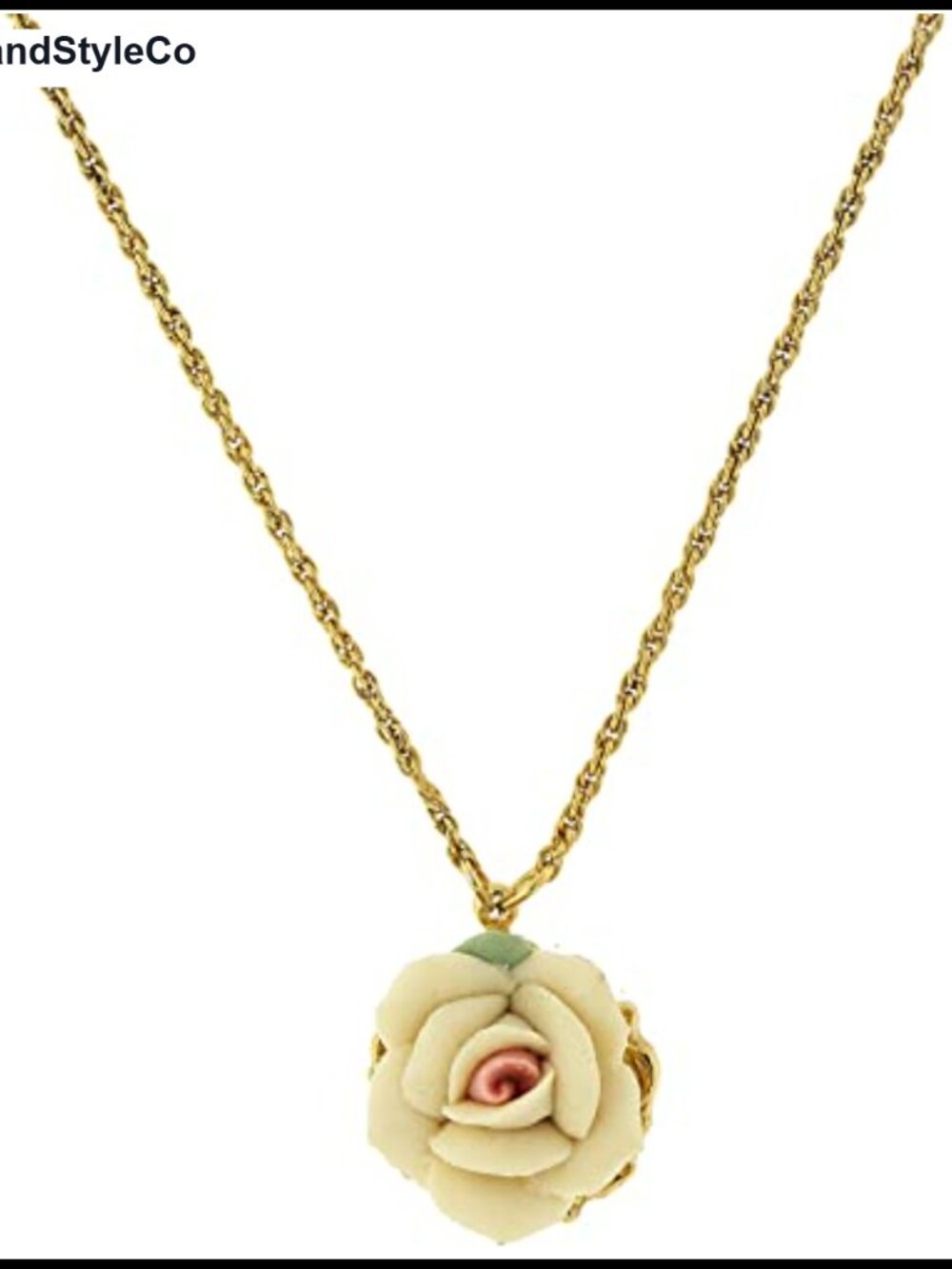 Handmade Porcelain Rose Pendant Necklace, Rope Chain, Lobster Clasp, Zinc,
